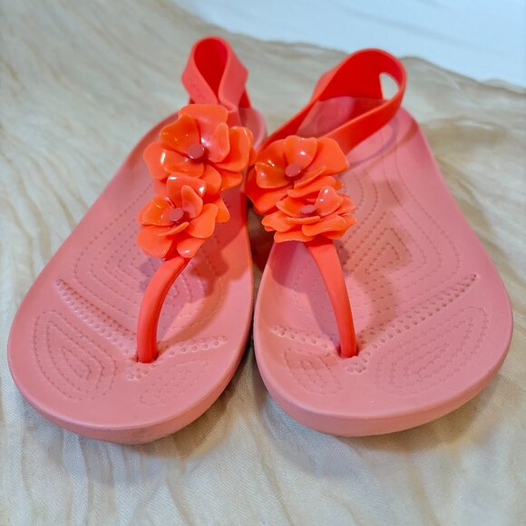Crocs Women's Serena Embellish Sandal/flip Flops Bright Coral Pink Size 9 W - Picture 1 of 9